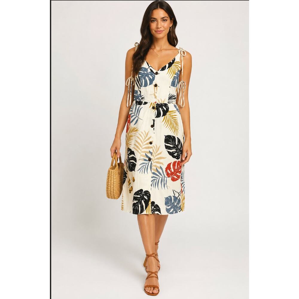 Monteau Tropical Print Linen Blend Midi Dress Resort Vacation Style S